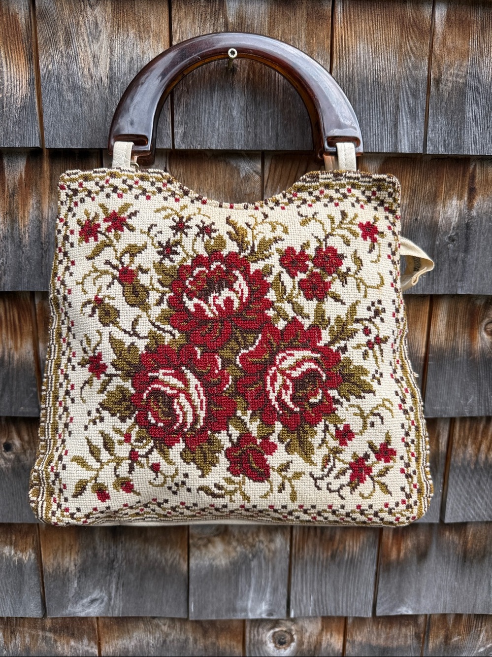 Vintage Embroidered Handbag Tortoise Handles Roses